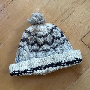 Vintage wool hand knit hat touched beanie - Gray and Cream Pom Pom knitted